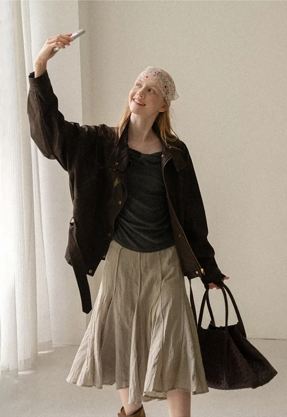 Oversized Leather Jacket with Belted Waist and Snap Buttons