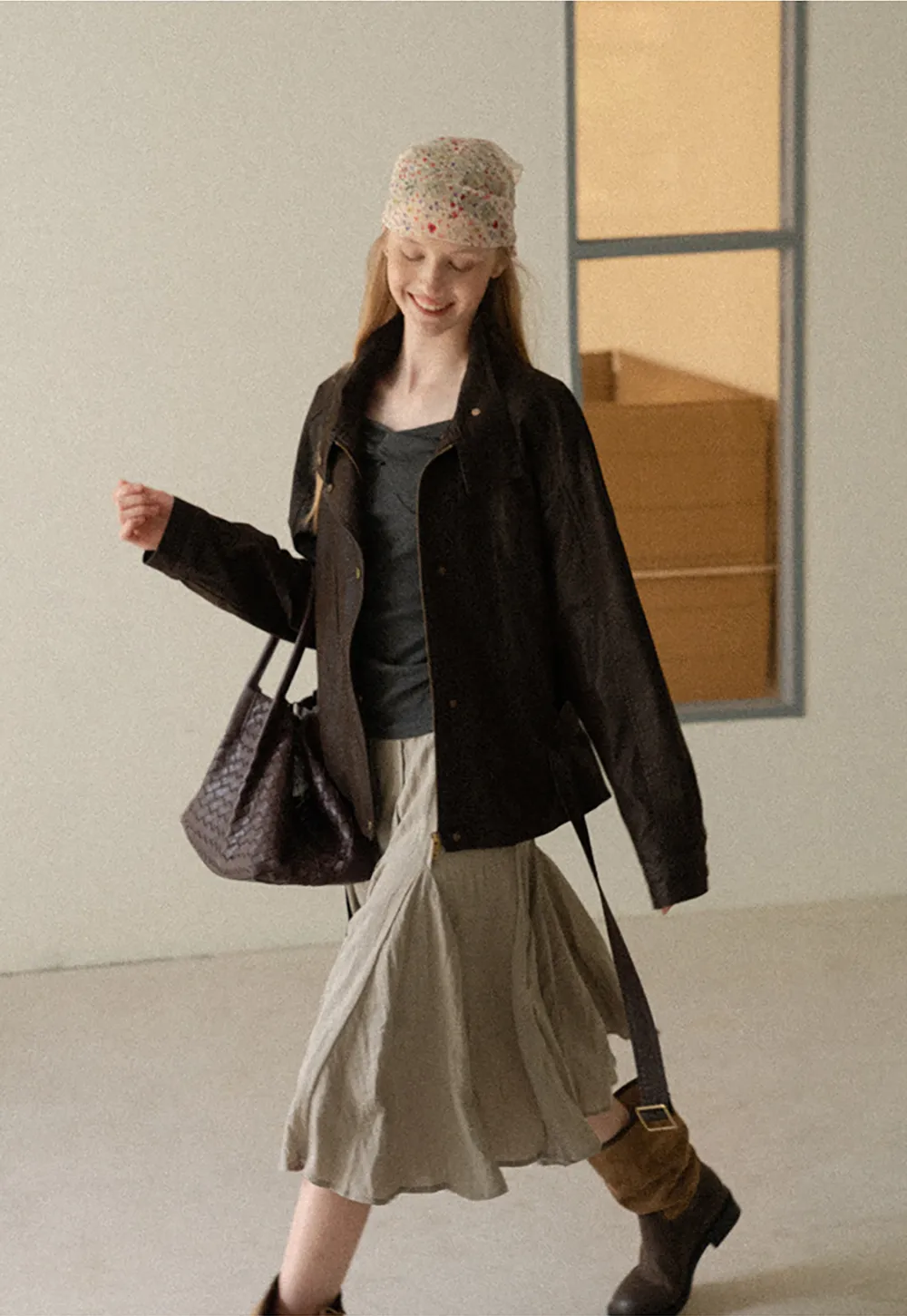 Oversized Leather Jacket with Belted Waist and Snap Buttons