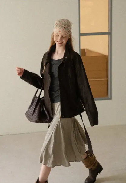 Oversized Leather Jacket with Belted Waist and Snap Buttons