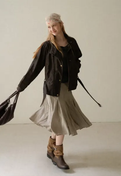 Oversized Leather Jacket with Belted Waist and Snap Buttons
