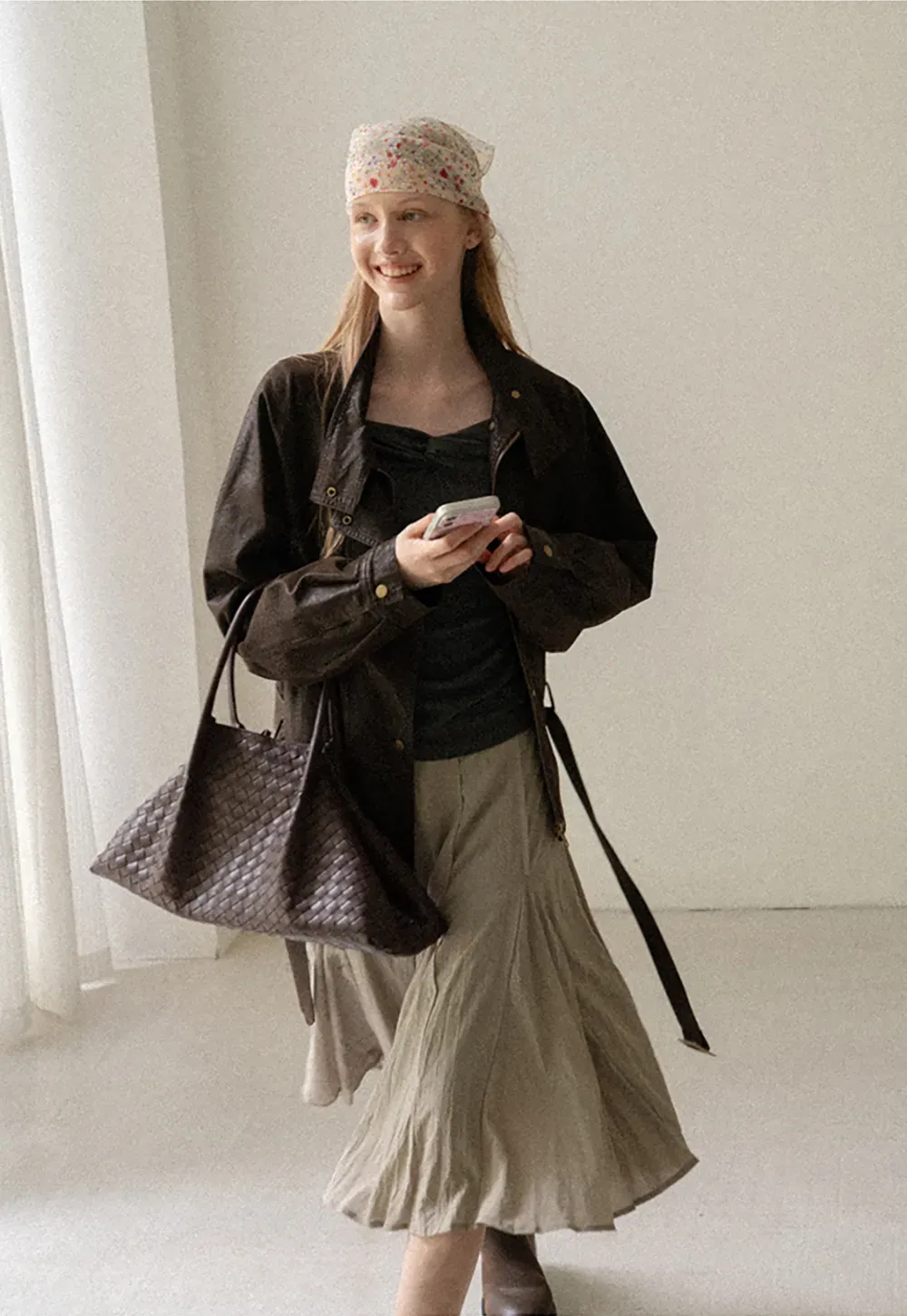 Oversized Leather Jacket with Belted Waist and Snap Buttons