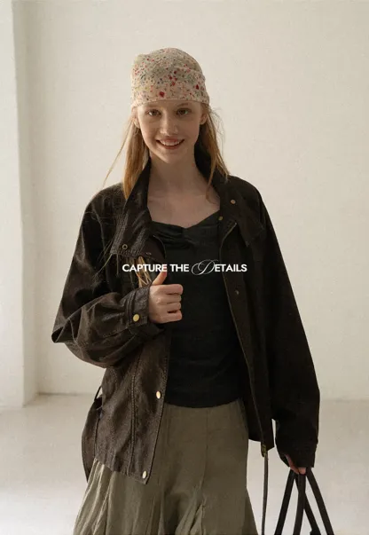Oversized Leather Jacket with Belted Waist and Snap Buttons