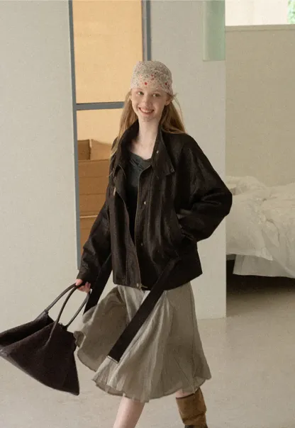 Oversized Leather Jacket with Belted Waist and Snap Buttons