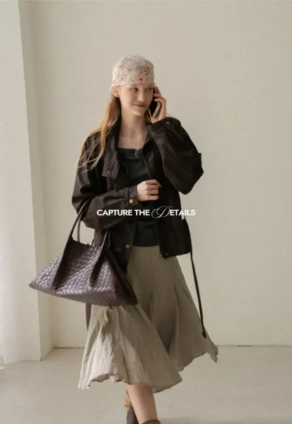 Oversized Leather Jacket with Belted Waist and Snap Buttons