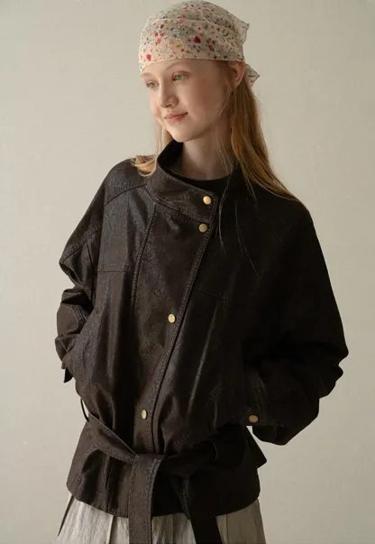 Oversized Leather Jacket with Belted Waist and Snap Buttons