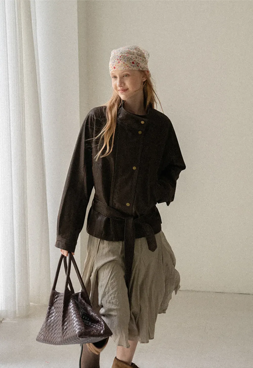 Oversized Leather Jacket with Belted Waist and Snap Buttons