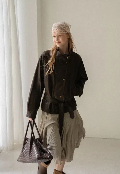 Oversized Leather Jacket with Belted Waist and Snap Buttons