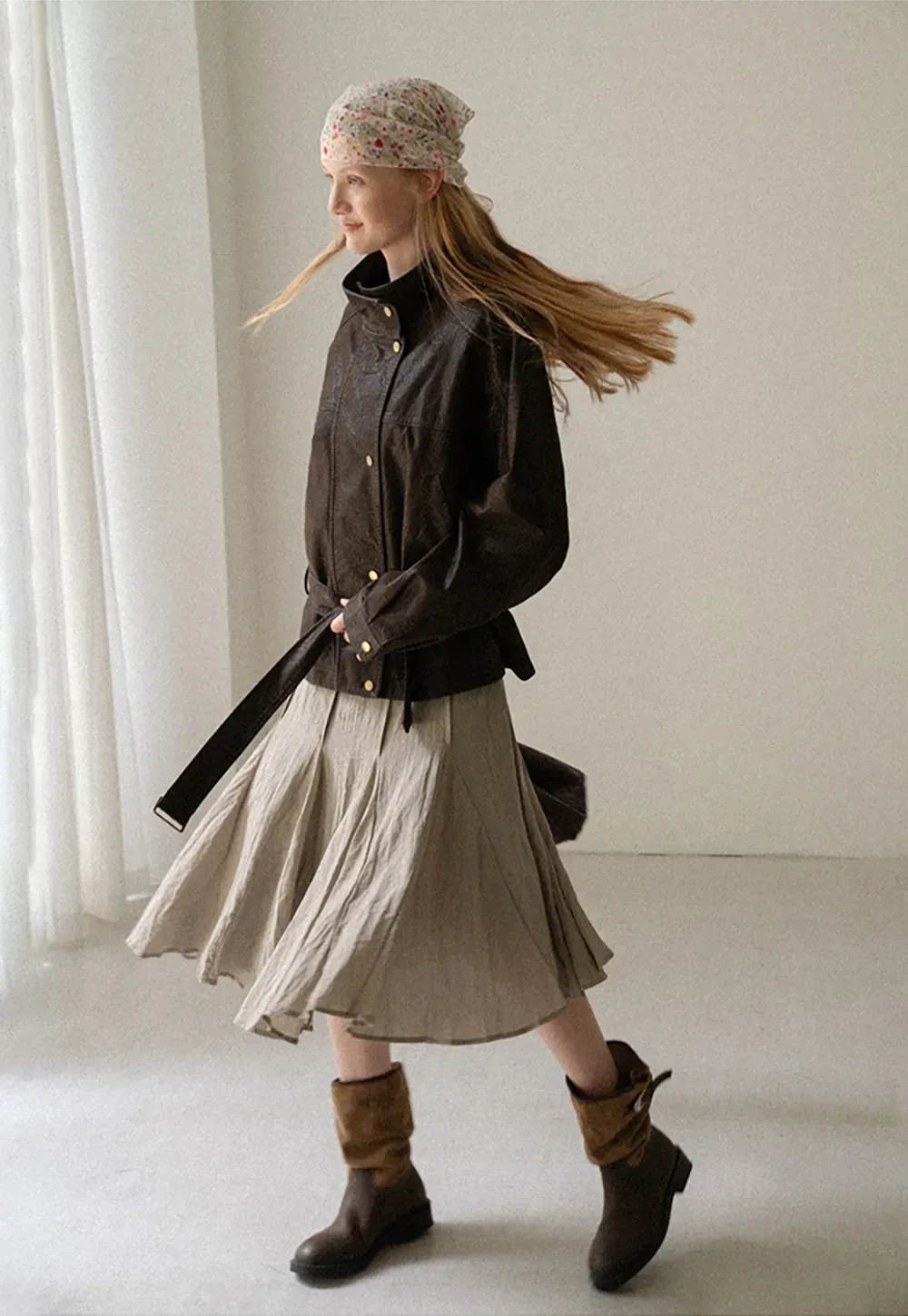 Oversized Leather Jacket with Belted Waist and Snap Buttons
