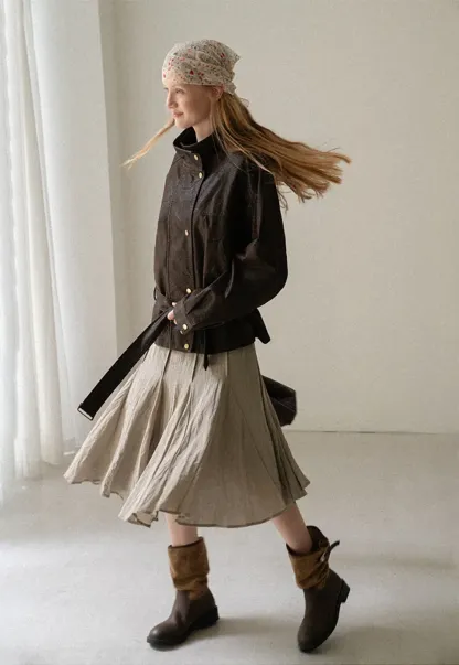 Oversized Leather Jacket with Belted Waist and Snap Buttons