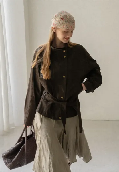 Oversized Leather Jacket with Belted Waist and Snap Buttons