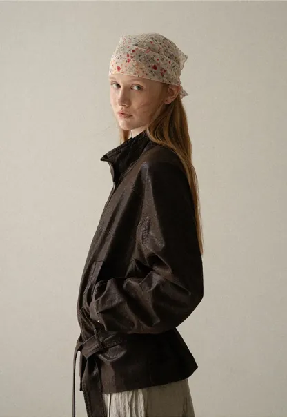 Oversized Leather Jacket with Belted Waist and Snap Buttons