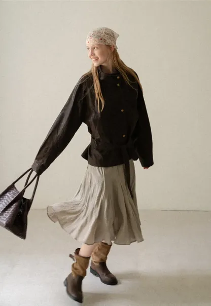 Oversized Leather Jacket with Belted Waist and Snap Buttons