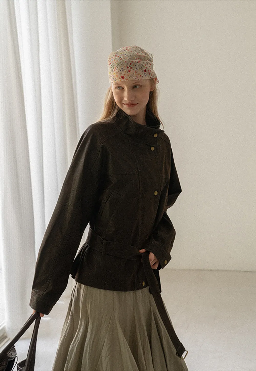 Oversized Leather Jacket with Belted Waist and Snap Buttons