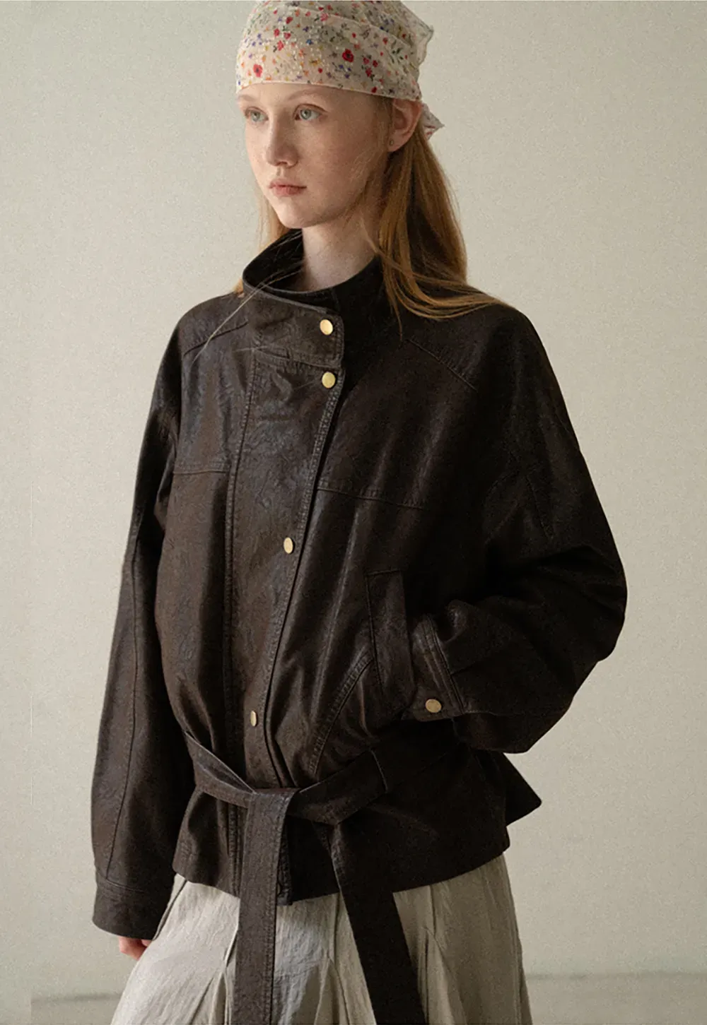 Oversized Leather Jacket with Belted Waist and Snap Buttons