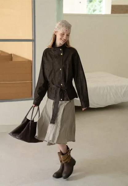 Oversized Leather Jacket with Belted Waist and Snap Buttons