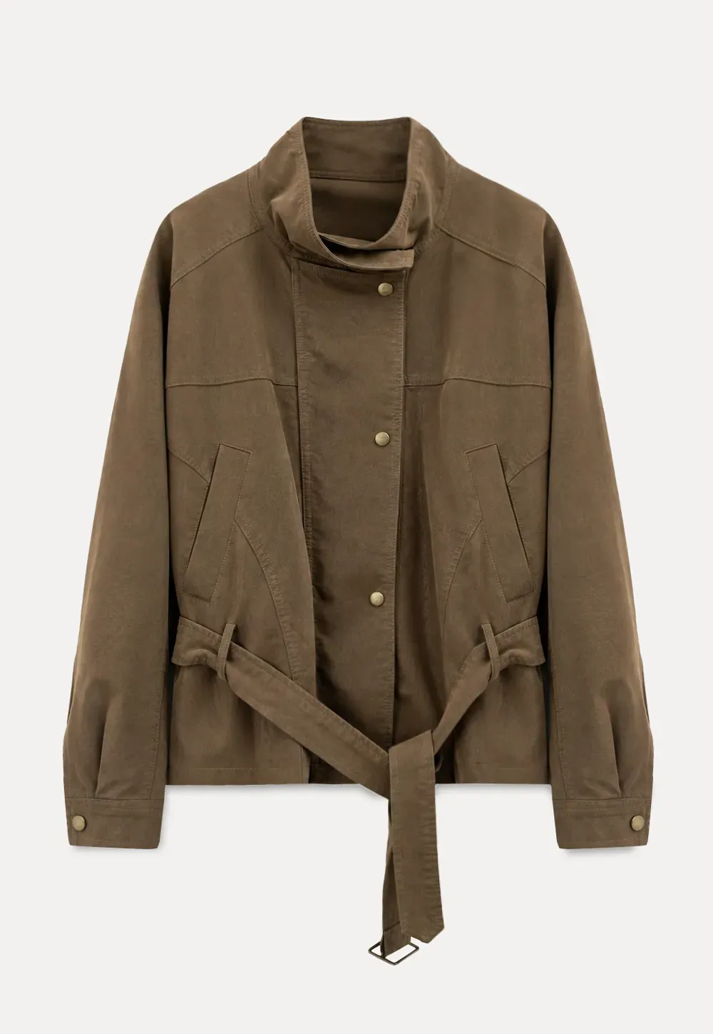 Oversized Leather Jacket with Belted Waist and Snap Buttons