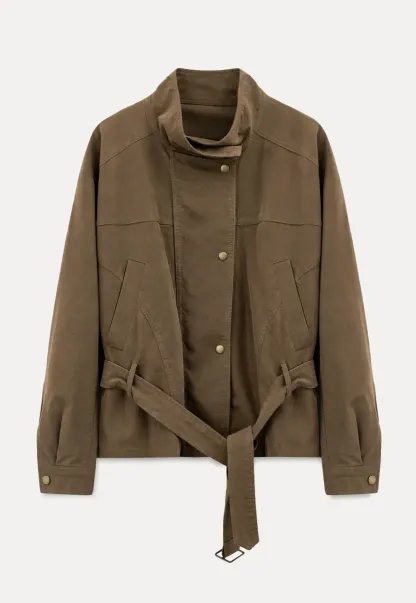 Oversized Leather Jacket with Belted Waist and Snap Buttons