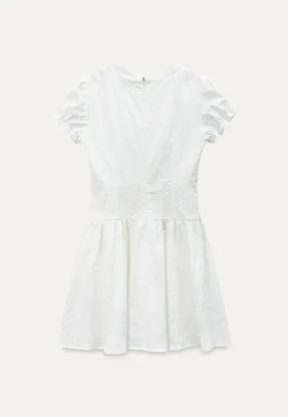 Short dress with puff sleeves and scalloped neckline