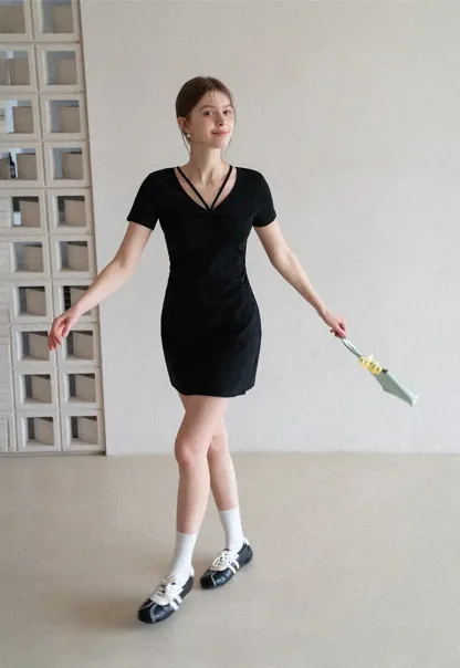 Short Sleeve Dress with V Neck and Front Twist Detail