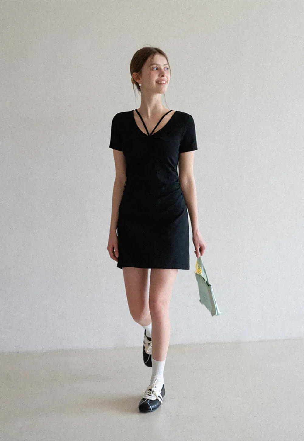 Short Sleeve Dress with V Neck and Front Twist Detail