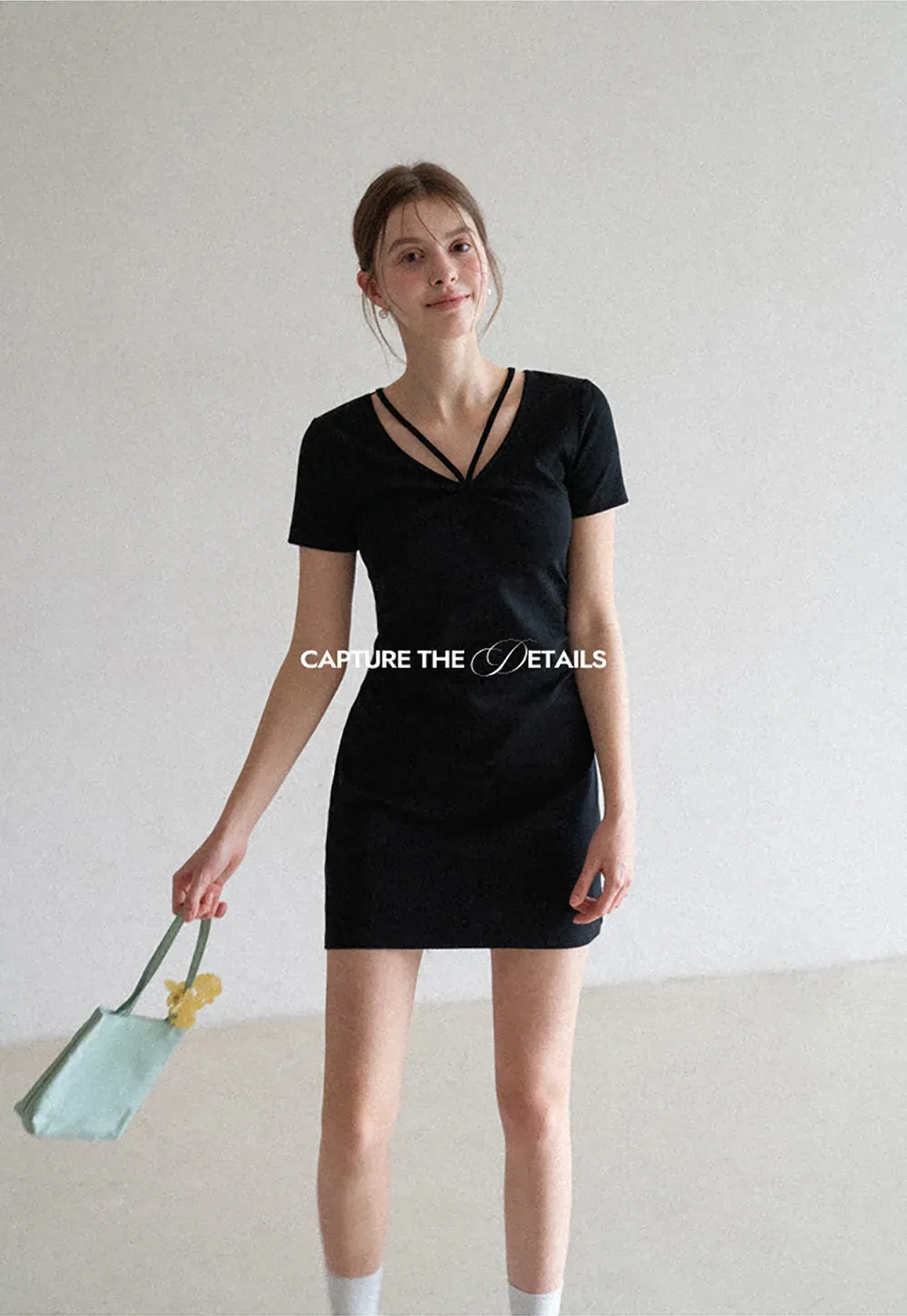 Short Sleeve Dress with V Neck and Front Twist Detail