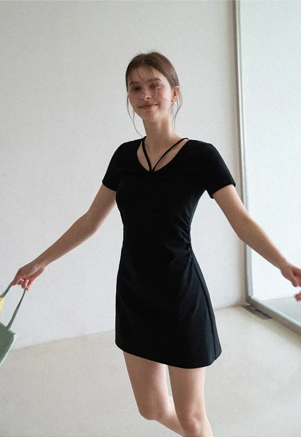 Short Sleeve Dress with V Neck and Front Twist Detail