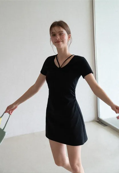 Short Sleeve Dress with V Neck and Front Twist Detail