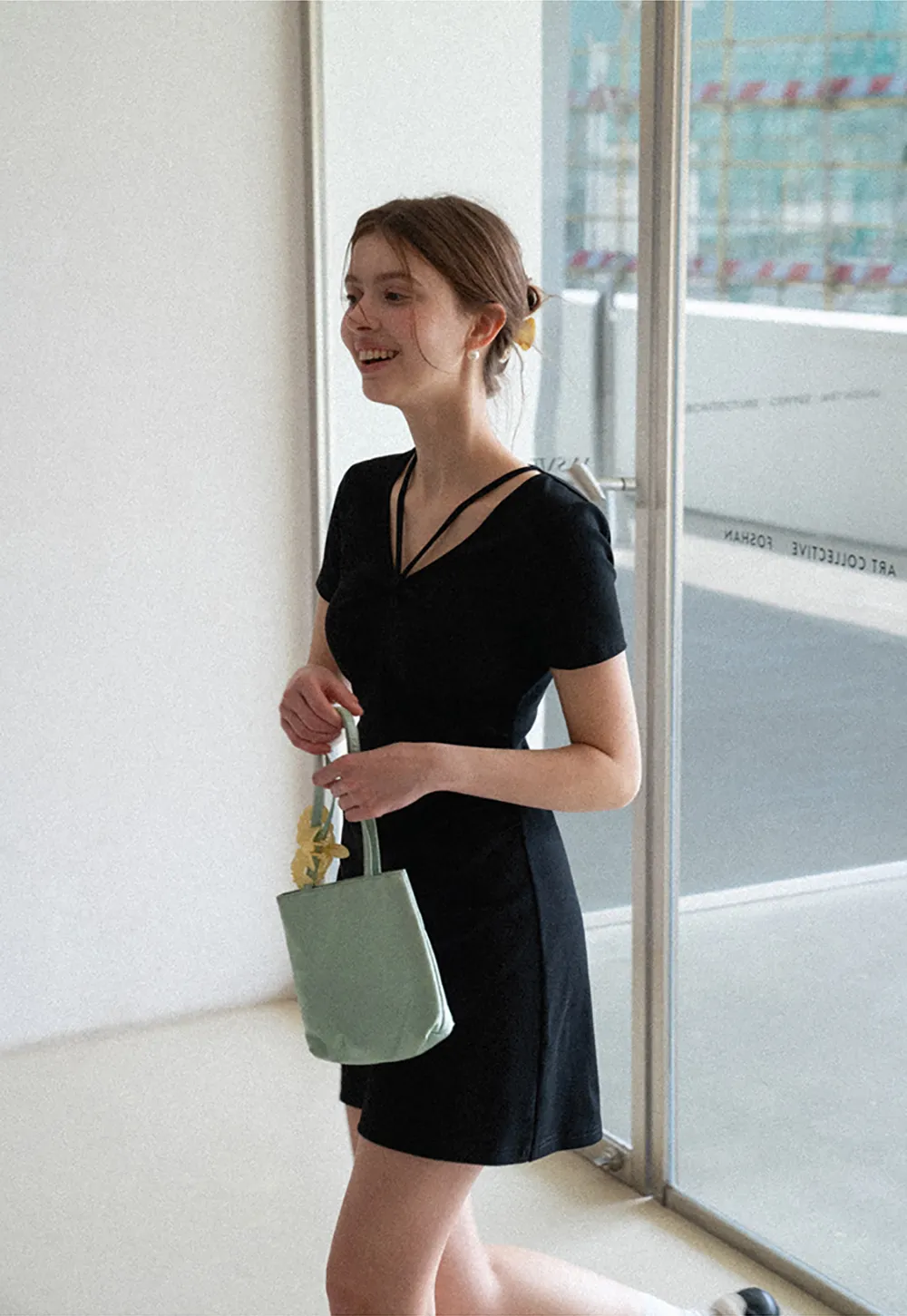 Short Sleeve Dress with V Neck and Front Twist Detail