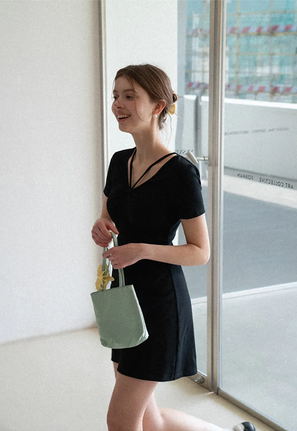 Short Sleeve Dress with V Neck and Front Twist Detail