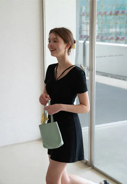 Short Sleeve Dress with V Neck and Front Twist Detail