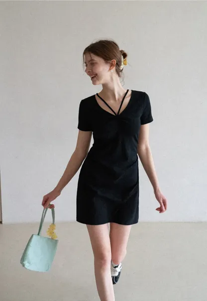 Short Sleeve Dress with V Neck and Front Twist Detail