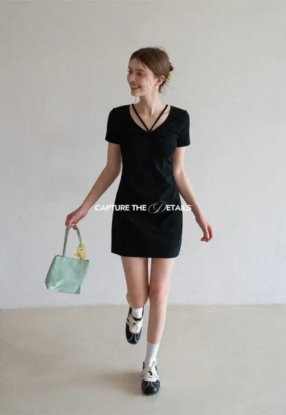Short Sleeve Dress with V Neck and Front Twist Detail
