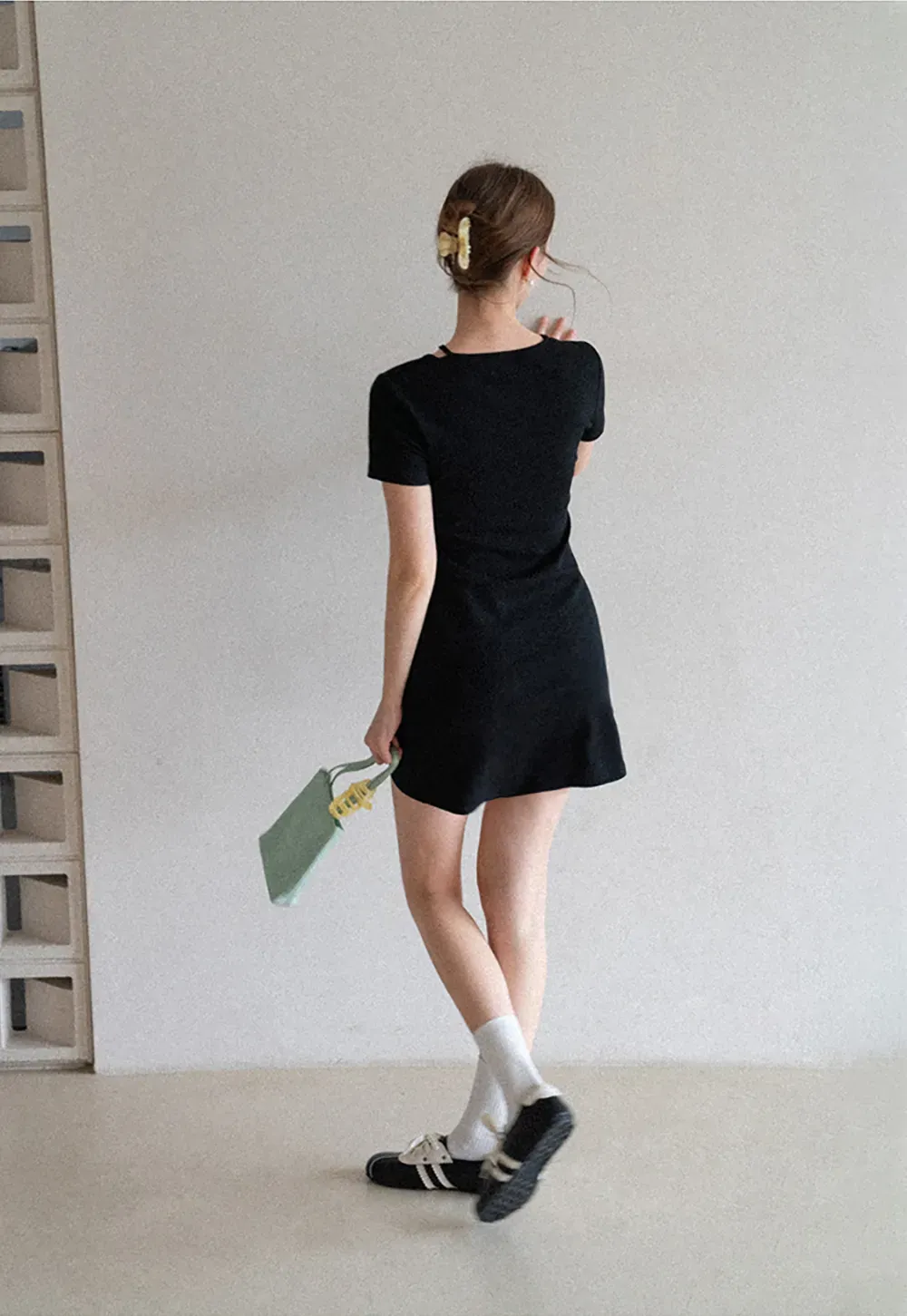 Short Sleeve Dress with V Neck and Front Twist Detail