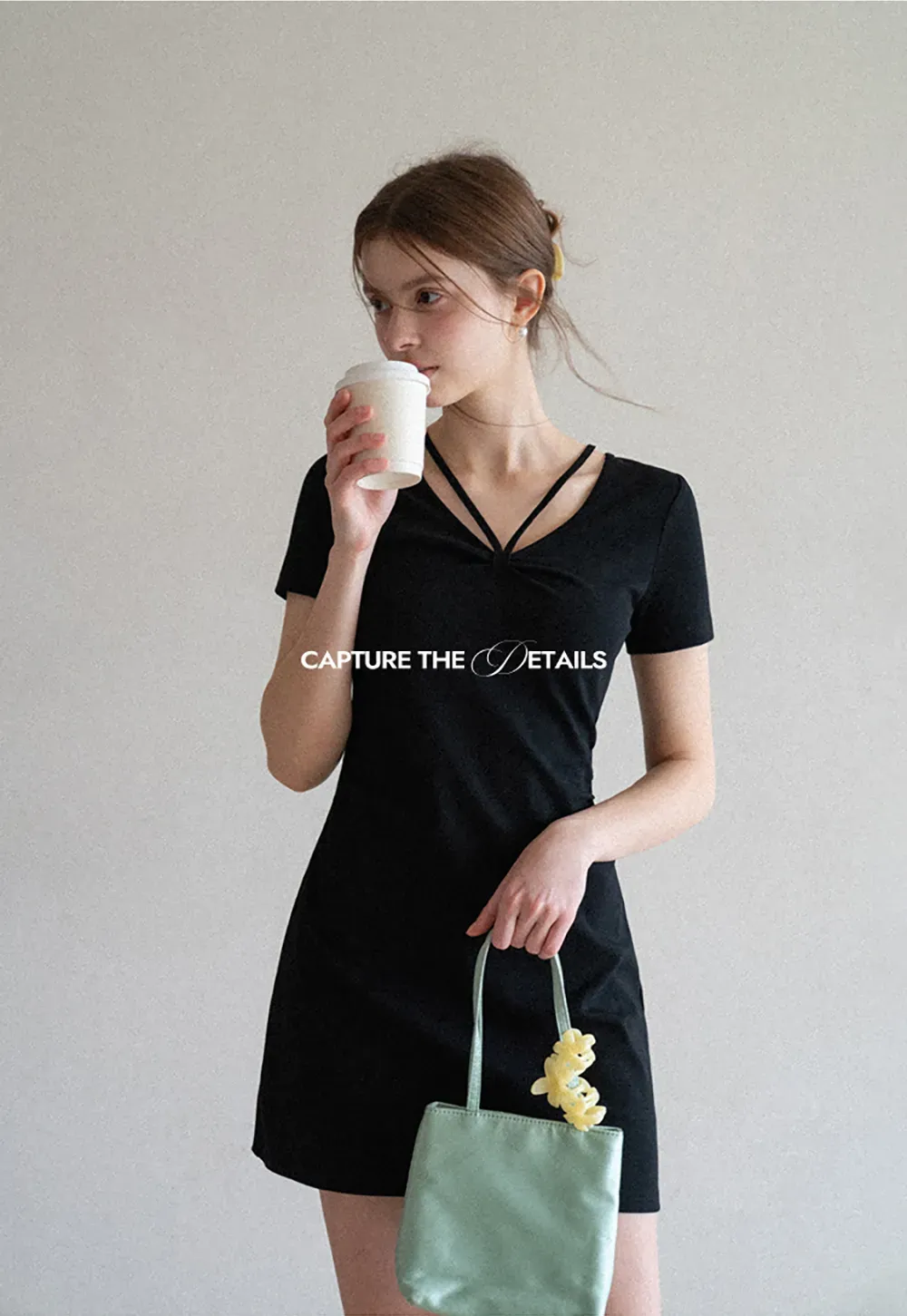 Short Sleeve Dress with V Neck and Front Twist Detail