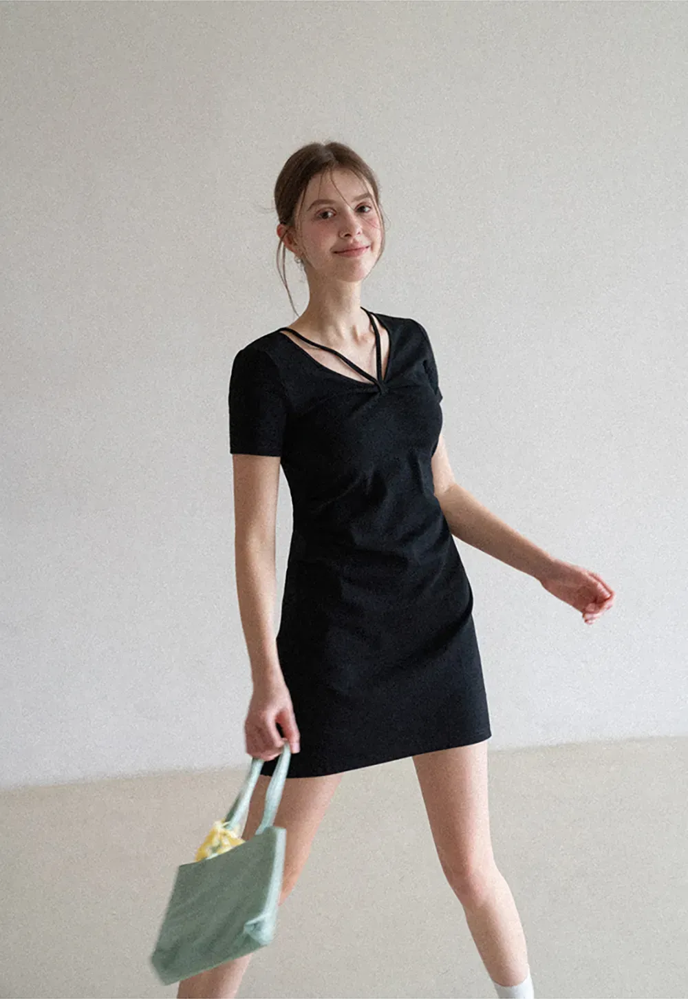 Short Sleeve Dress with V Neck and Front Twist Detail