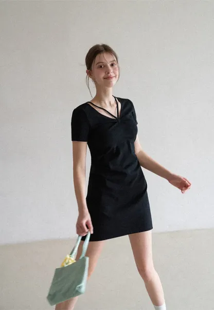 Short Sleeve Dress with V Neck and Front Twist Detail