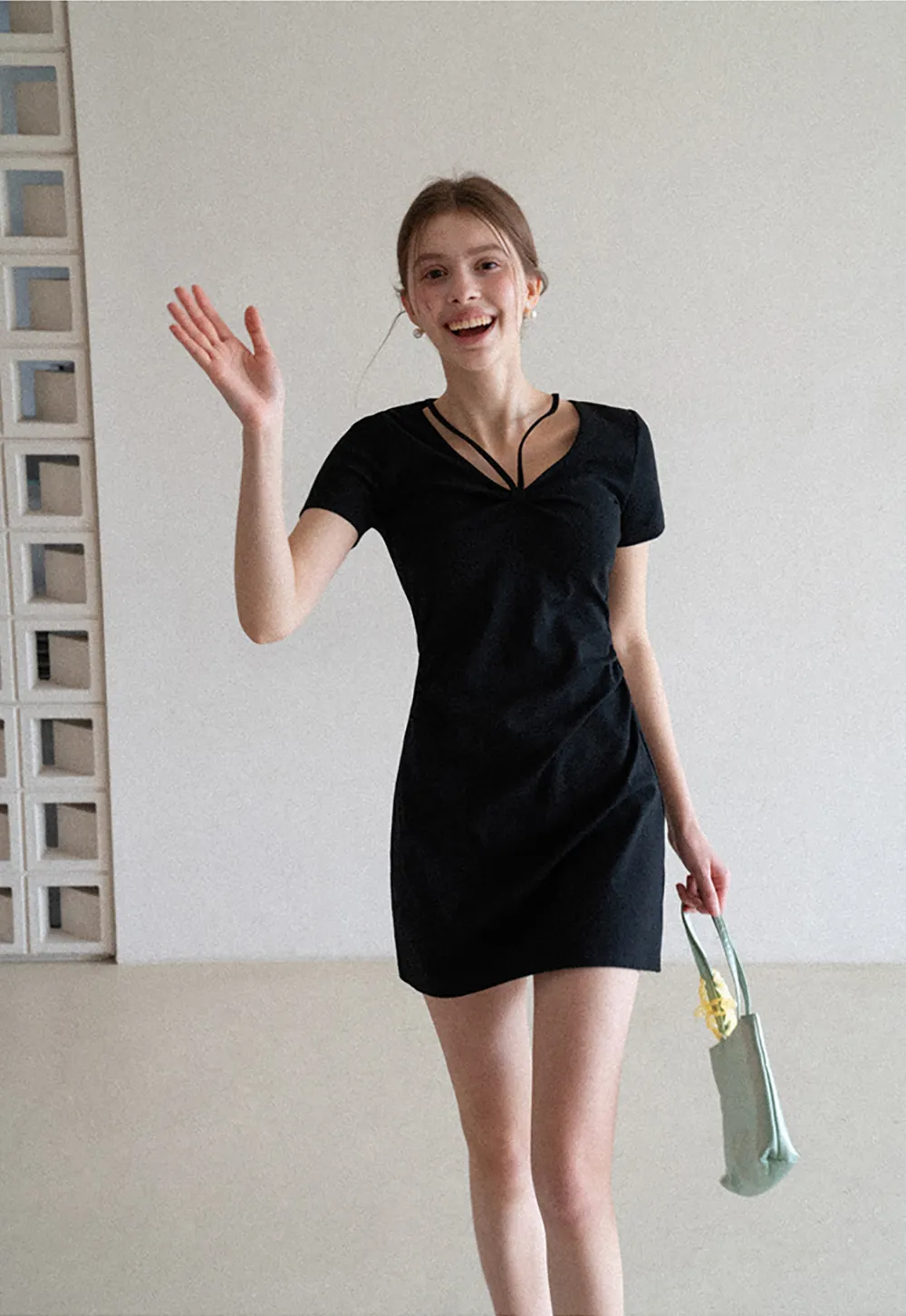 Short Sleeve Dress with V Neck and Front Twist Detail