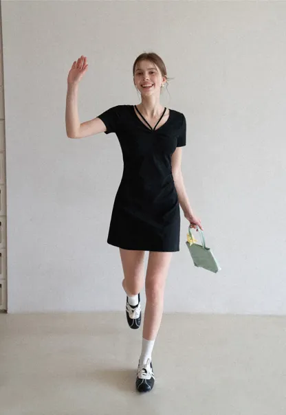 Short Sleeve Dress with V Neck and Front Twist Detail