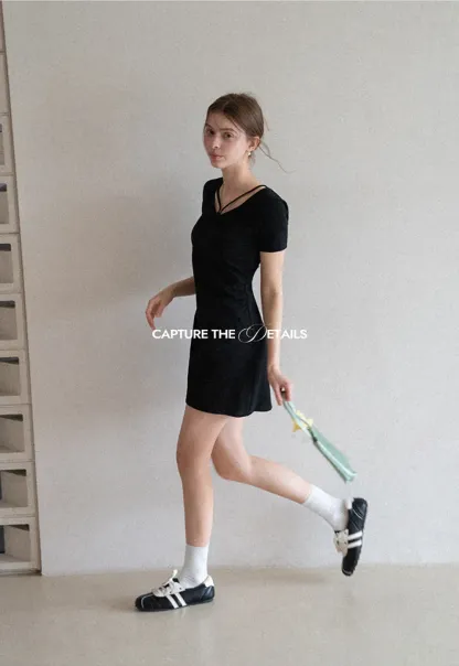 Short Sleeve Dress with V Neck and Front Twist Detail