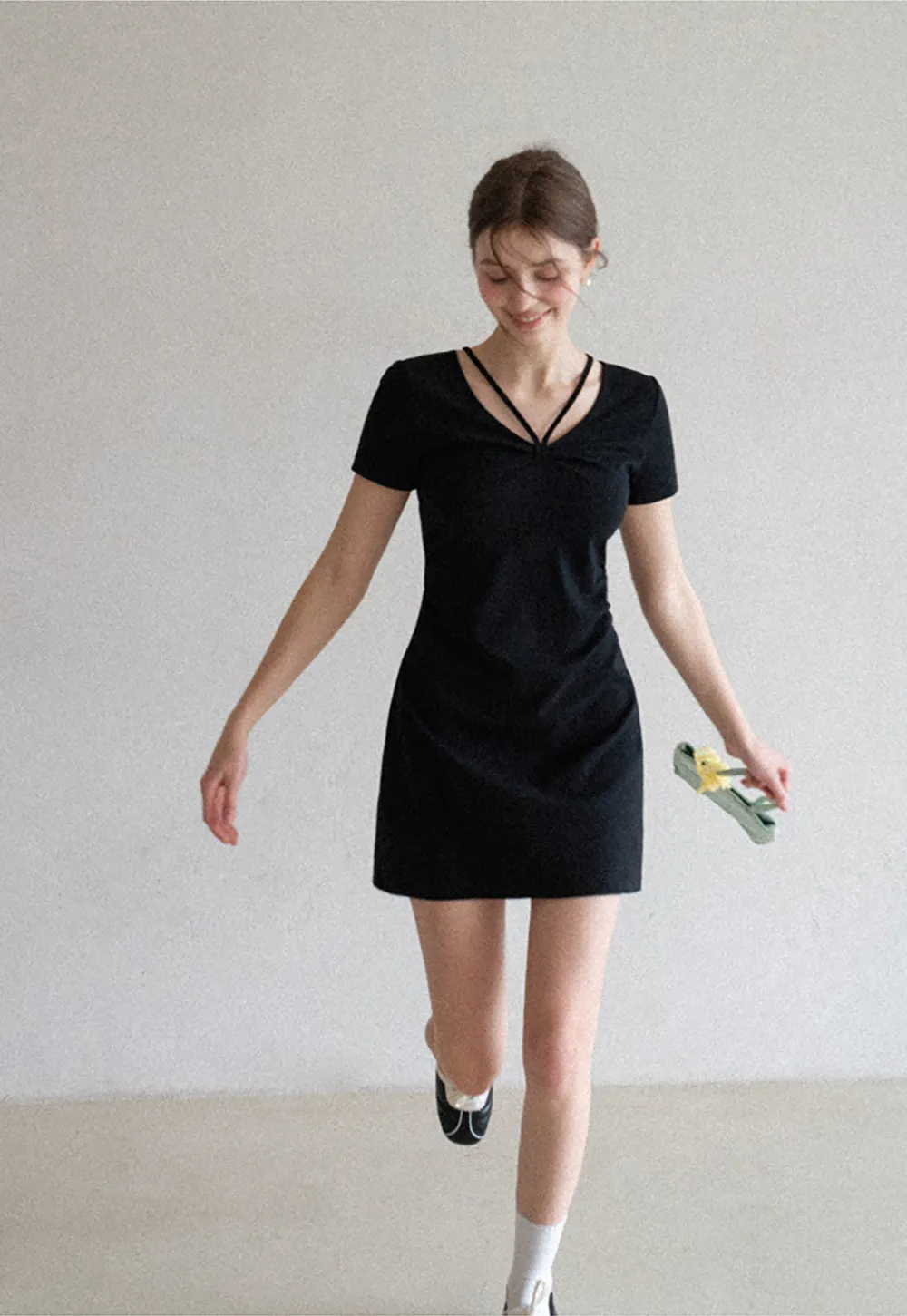 Short Sleeve Dress with V Neck and Front Twist Detail