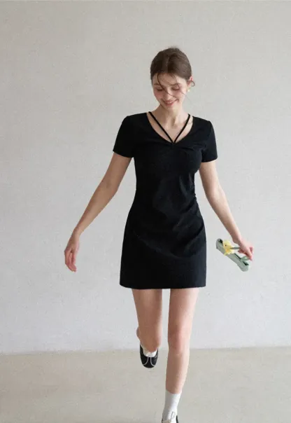 Short Sleeve Dress with V Neck and Front Twist Detail