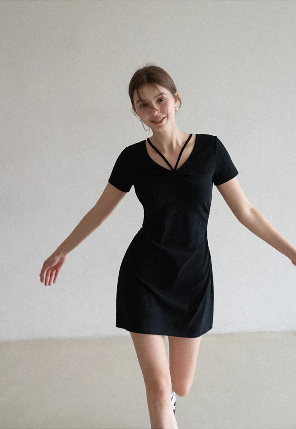 Short Sleeve Dress with V Neck and Front Twist Detail