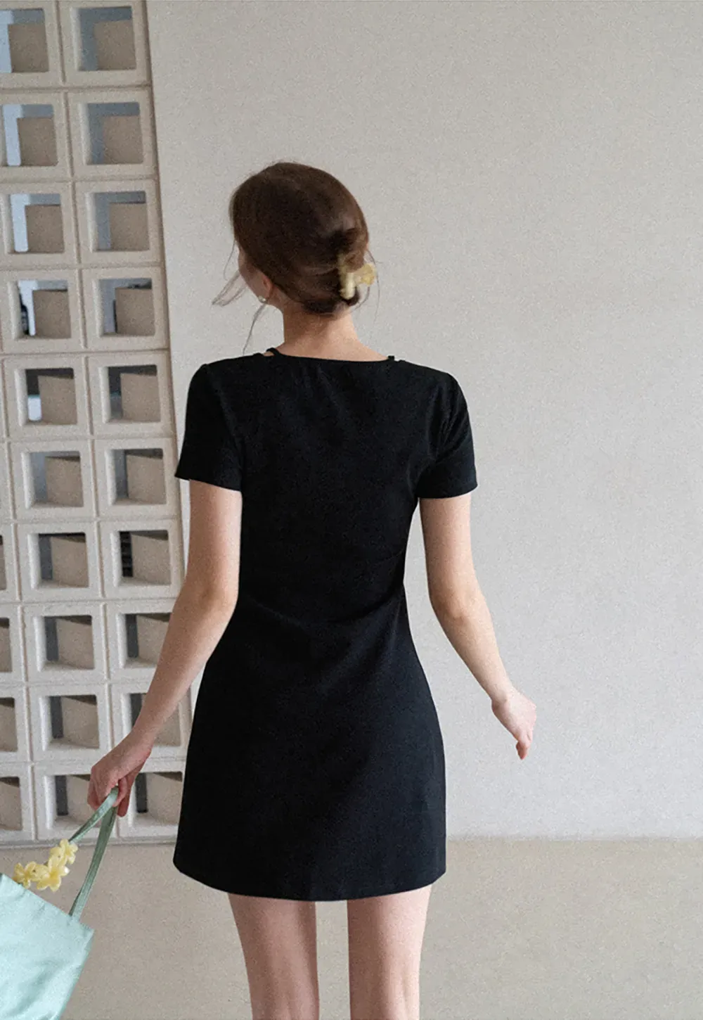 Short Sleeve Dress with V Neck and Front Twist Detail