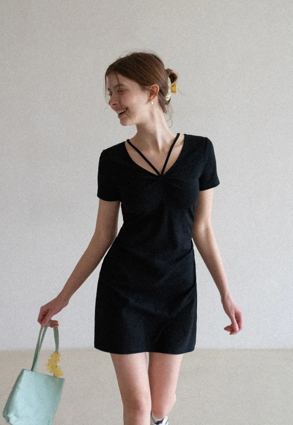 Short Sleeve Dress with V Neck and Front Twist Detail