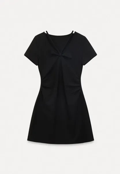 Short Sleeve Dress with V Neck and Front Twist Detail
