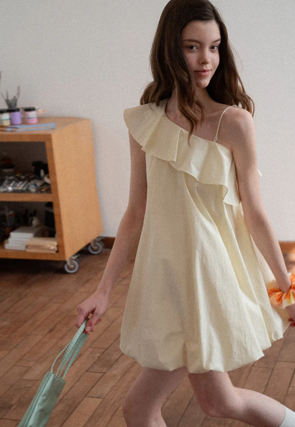 One shoulder ruffle dress with thin straps