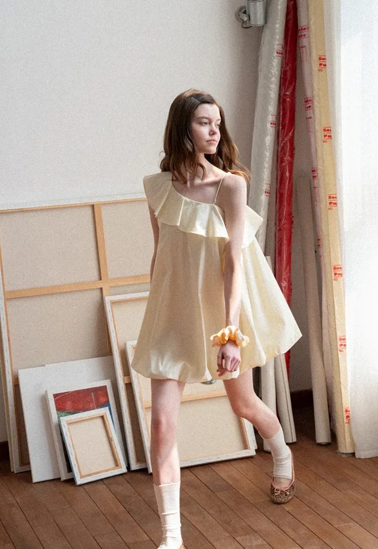 One shoulder ruffle dress with thin straps
