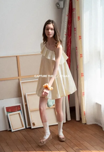 One shoulder ruffle dress with thin straps