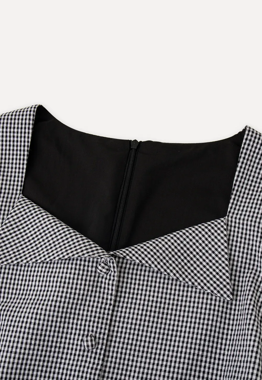 Gingham dress with lace trim and button front