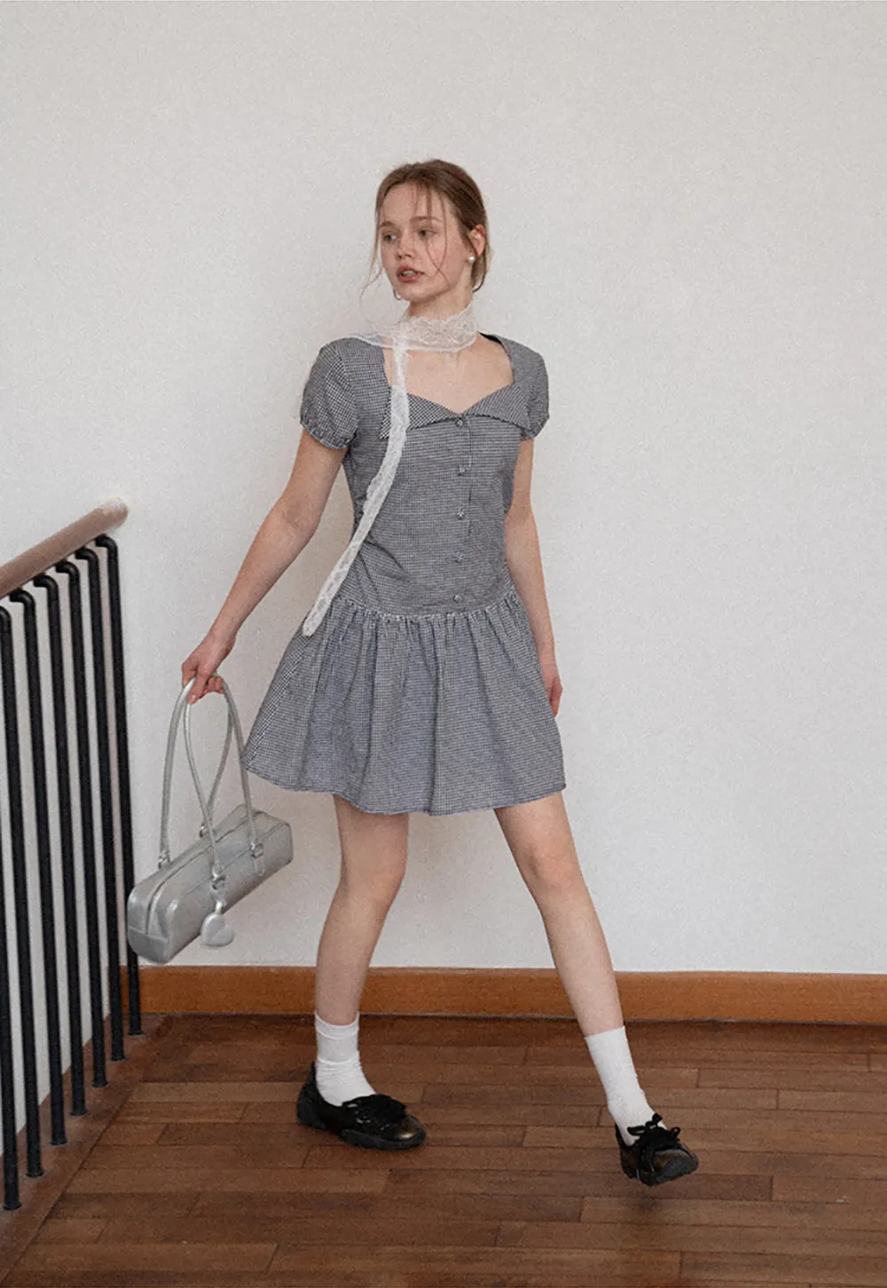 Gingham dress with lace trim and button front